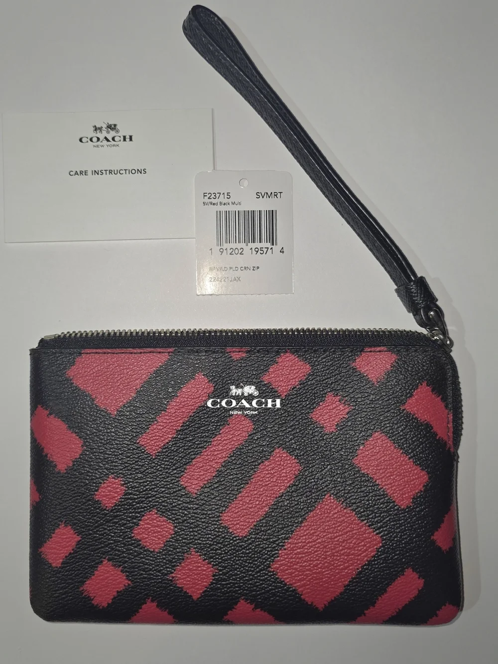 COACH Zip Wristlet Red Black Plaid Print NWT